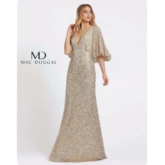 Mac Duggal Dresses & Skirts - Mac Duggal Capelet Short Sleeve Deep V-Neck Beaded Sheath Gown  Nude / Gold